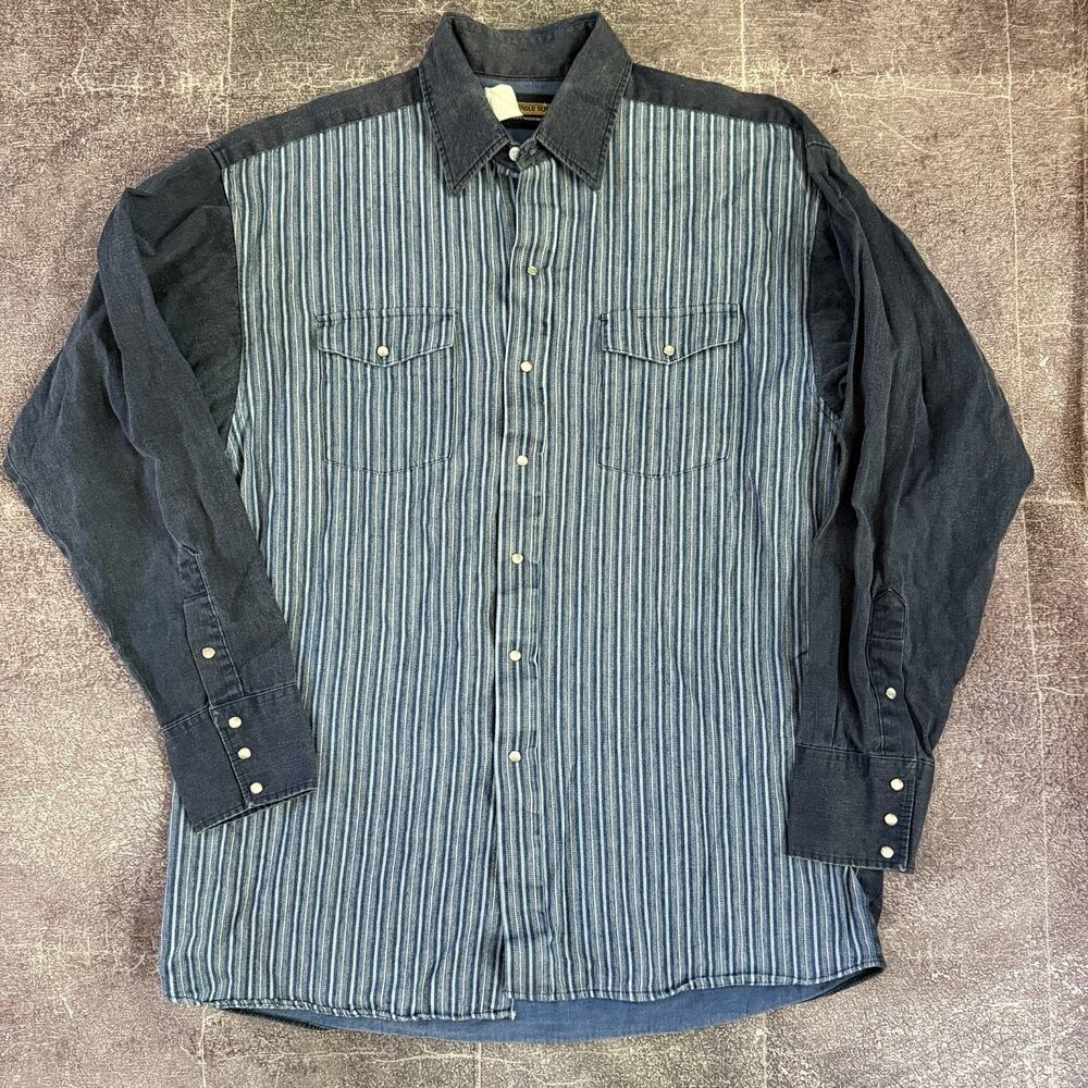Men's Vintage 90's Panhandle Slim Blue Denim Pearl Snap Chambray L/S Shirt Sz L